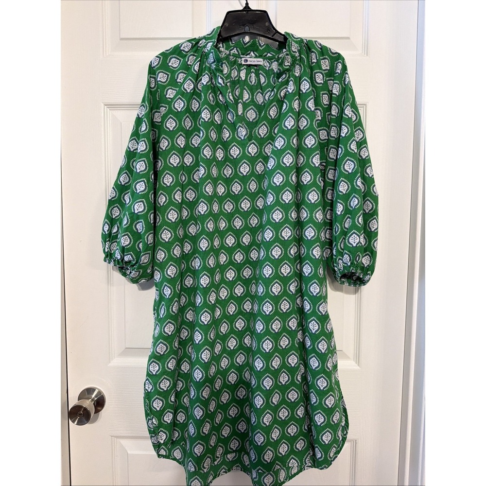 Caryn Lawn Pippi Dress Large Green Floral 3/4 Sleeves Preppy Coastal